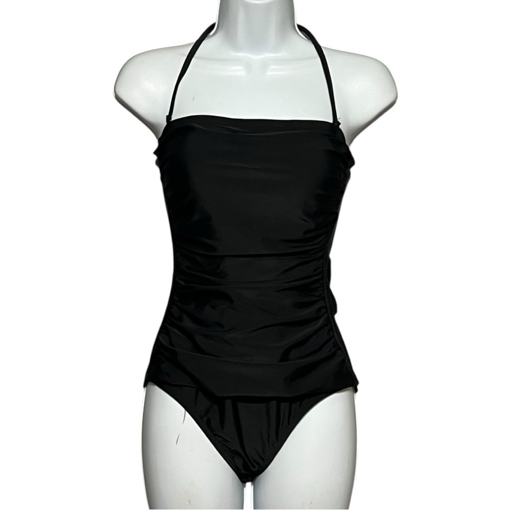 Tommy Bahama UPF 50 Tummy Control Bandeau Swimsuit Size 8 Black One-Piece